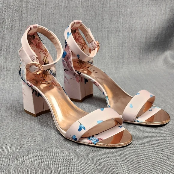 Ted Baker Manyah Pink Floral Print Block Heeled Sandals. 7 - Picture 1 of 12